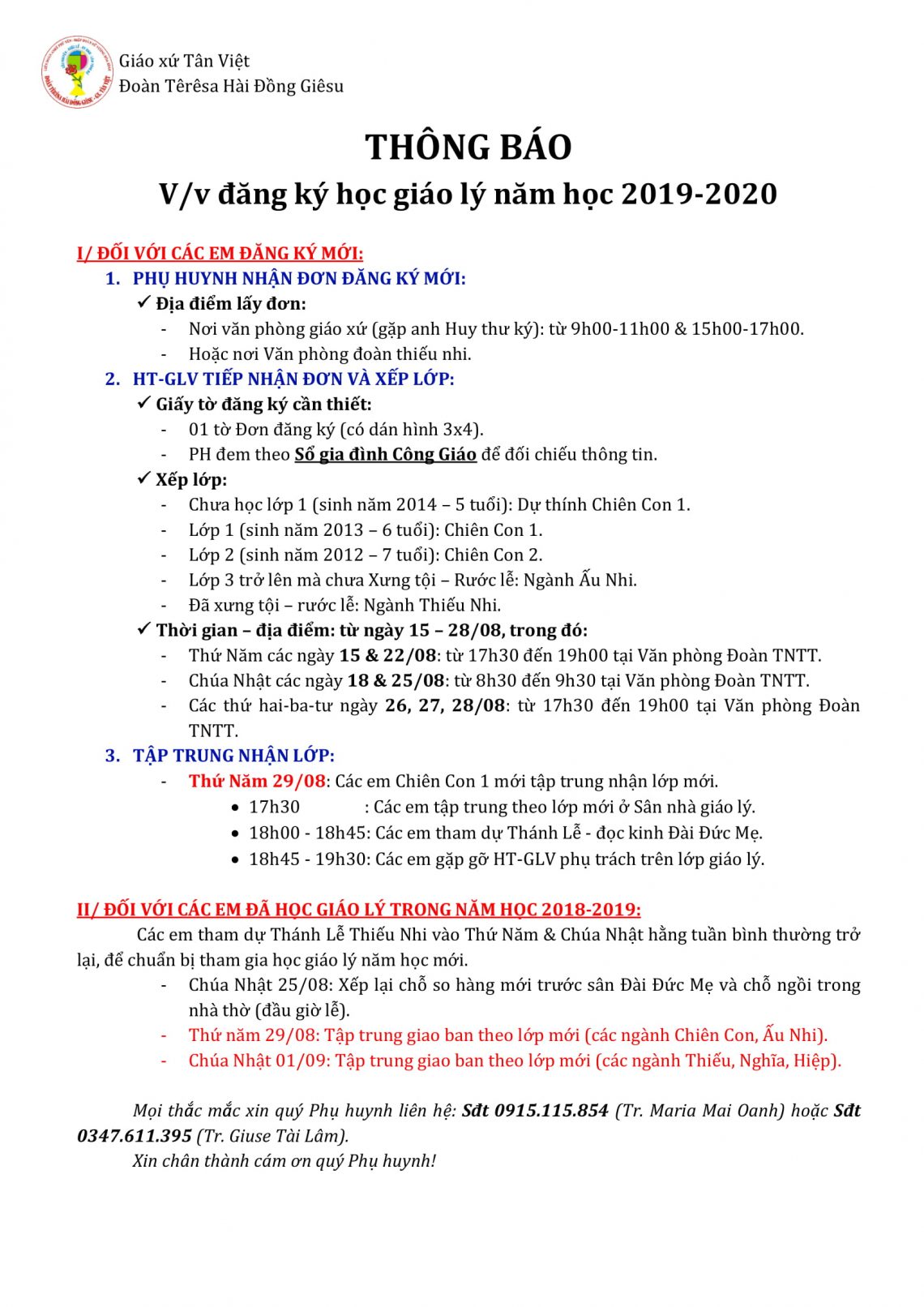 Đăng ký học Giáo lý năm học 2019-2020