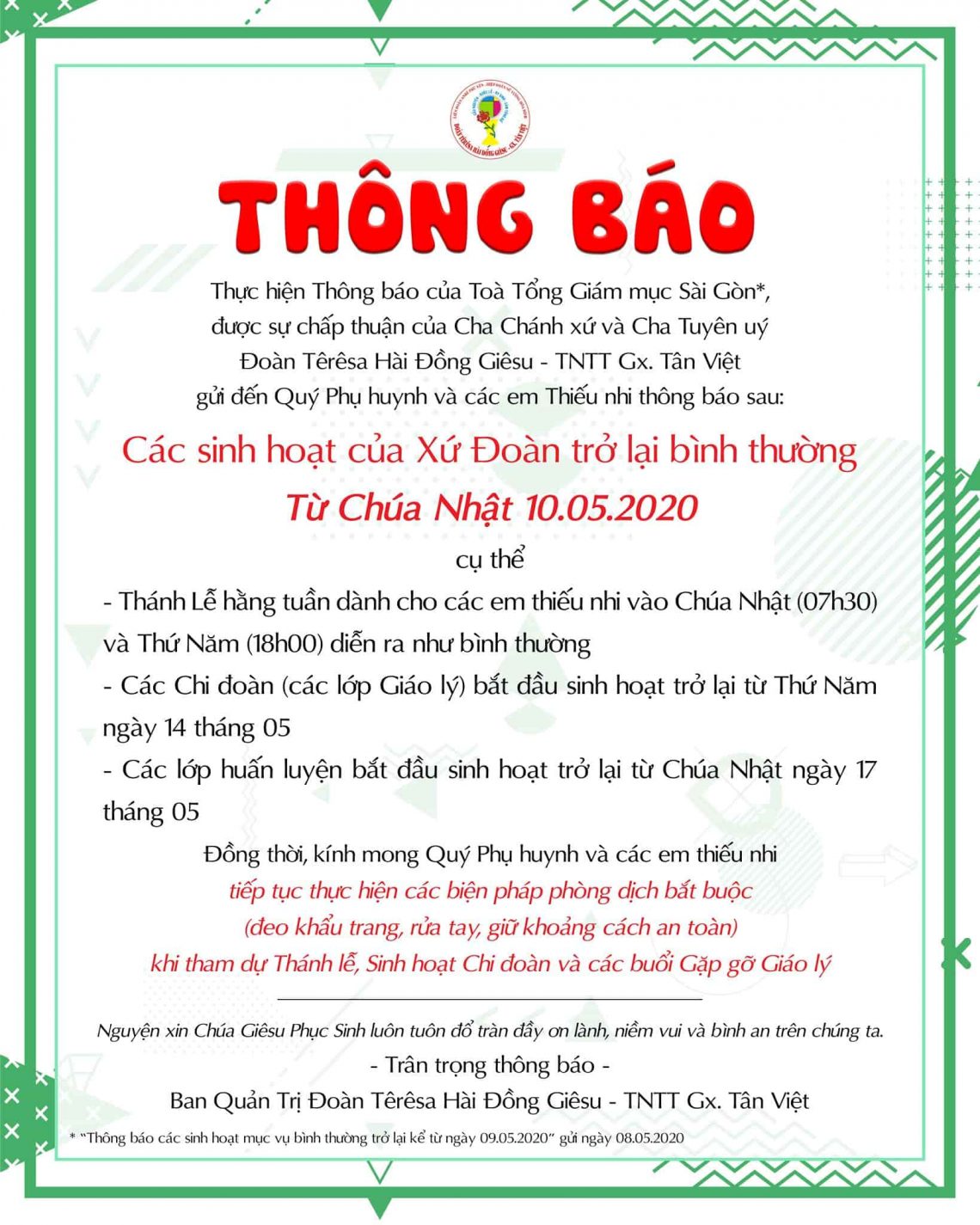 Tất cả các sinh hoạt xứ đoàn trở lại bình thường kể từ Chúa Nhật 10.05.2020