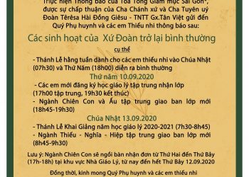Tất cả các sinh hoạt Xứ đoàn trở lại bình thường từ Thứ Năm 10.09.2020