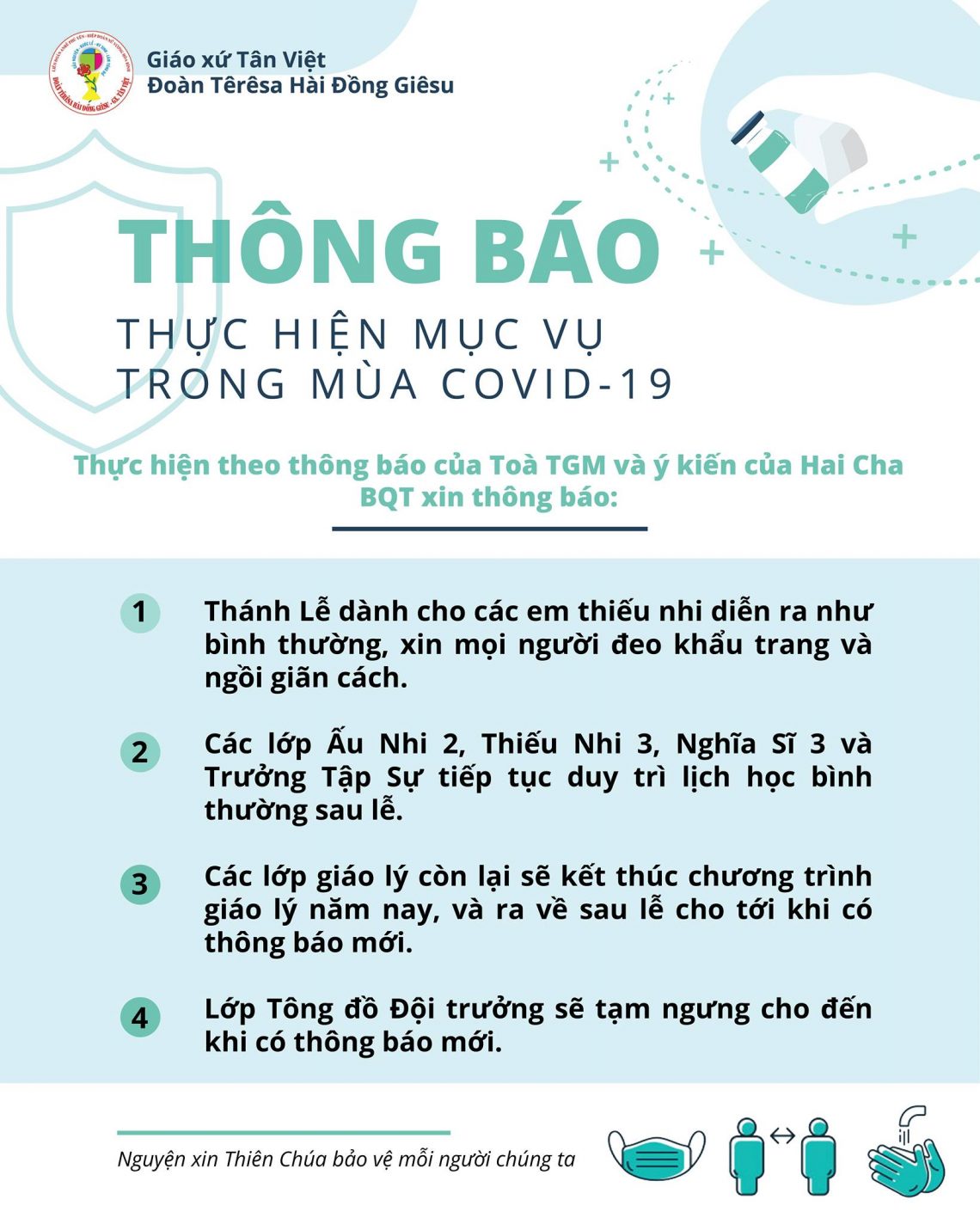 Thông báo về sinh hoạt mục vụ trong tình hình dịch bệnh ngày 8-5-2021